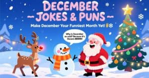 december jokes and puns 2025 image with snowman santa and reindeer