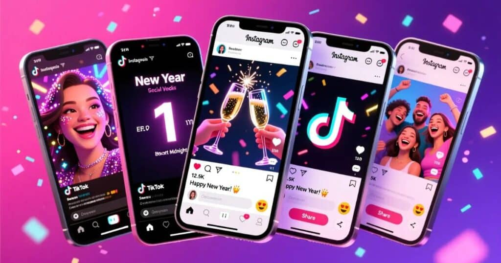 Multiple smartphone screens displaying Instagram and TikTok New Year posts with selfies, countdown videos, champagne toasts, and squad photos in overlapping collage on pink purple gradient