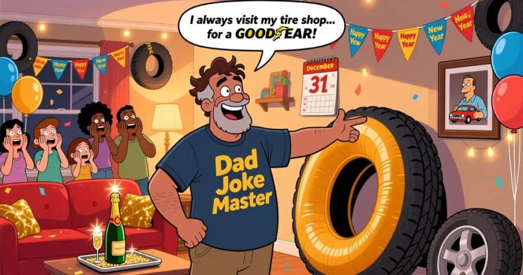 Middle-aged dad wearing Dad Joke Master shirt telling jokes at New Year party while everyone groans but smiles, with tire shop Goodyear pun in speech bubble