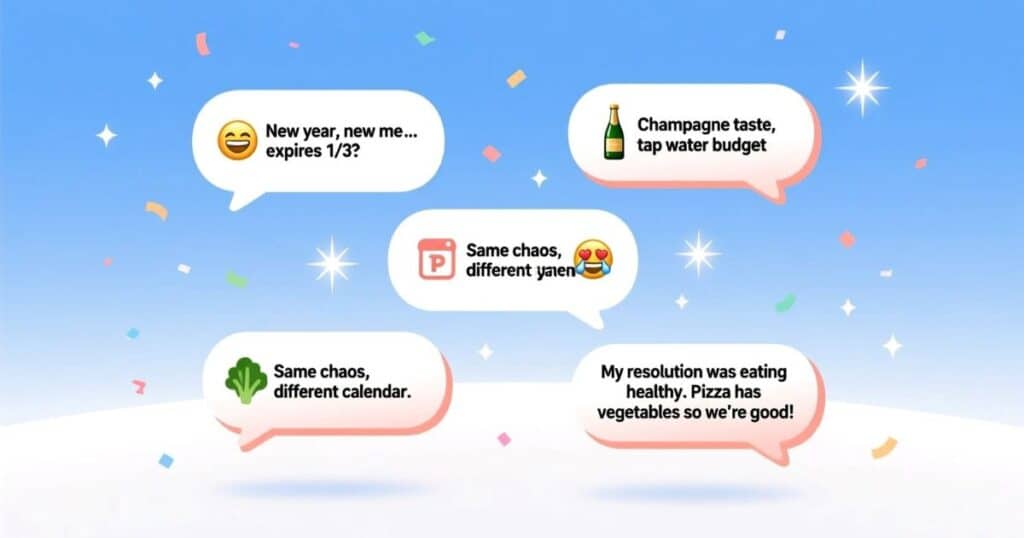 Text message bubbles floating with short funny New Year jokes and emoji including new year new me expires and champagne taste on tap water budget